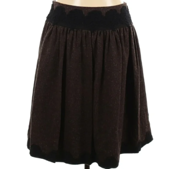 TOCCA Designer Full Skirt Reversible Brown Black Tweed Feminine Lace Trim 8